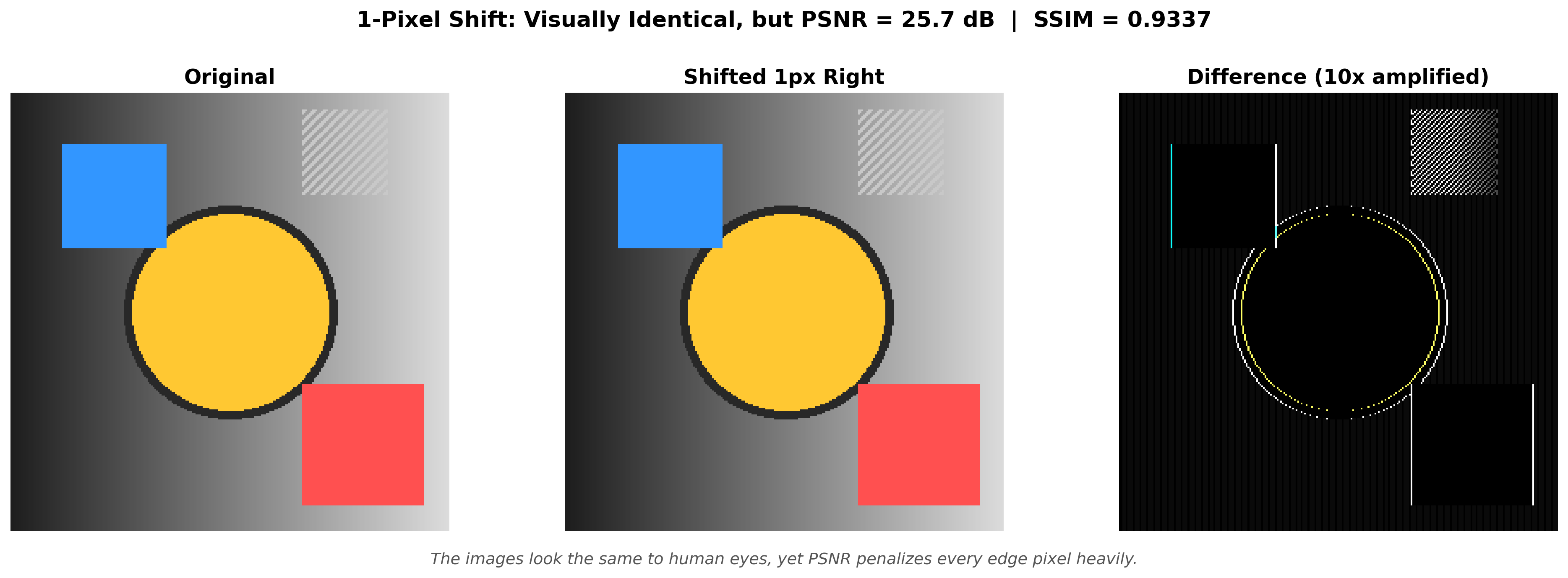 Two baboon image crops shifted by 1 pixel -- visually indistinguishable, yet PSNR reports 28.31 dB